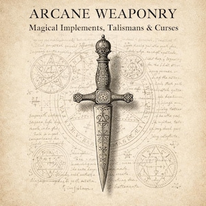 May include: An illustration of a dagger with a detailed hilt and blade, set against a parchment background. The text "ARCANE WEAPONRY" and "Magical Implements, Talismans & Curses" are at the top. The background features esoteric symbols.