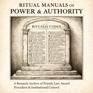 May include: An aged-looking illustration of a stone tablet with the text "RITUALIA CODEX" and lists of Latin text. The title "RITUAL MANUALS OF POWER & AUTHORITY" is above the tablet. The bottom reads "A Research Archive of Priestly Law, Sacred Procedure & Institutional Control."
