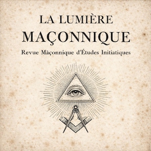 以下が含まれることがあります： 「LA LUMIÈRE MAÇONNIQUE」と「Revue Maçonnique d'Études Initiatiques」のテキストが入ったヴィンテージスタイルのイラスト。デザインは、目のある三角形、放射線、コンパスと正方形のシンボルで構成され、すべてベージュの背景に黒で描かれています。
