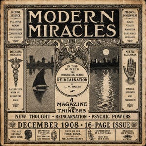 May include: Vintage magazine cover titled "Modern Miracles" from December 1908. The sepia-toned cover features illustrations of a sailboat, cityscape, and hand with an eye. Text includes "Reincarnation," "Psychic Powers," and "16-Page Issue."