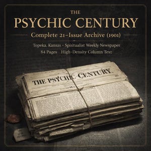 May include: A stack of vintage newspapers tied with twine. The newspapers are titled "THE PSYCHIC CENTURY" and include text such as "Complete 21-Issue Archive (1901)" and "Topeka, Kansas Spiritualist Weekly Newspaper". The newspapers are aged with a sepia tone.