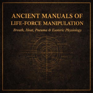 May include: A dark brown book cover with gold text that reads "ANCIENT MANUALS OF LIFE-FORCE MANIPULATION". Below the title is "Breath, Heat, Pneuma & Esoteric Physiology". A gold circular diagram is in the center.