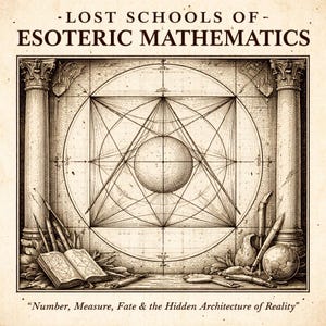 May include: An antique-style illustration with the text "LOST SCHOOLS OF - ESOTERIC MATHEMATICS." The image features geometric shapes, a sphere, an open book, and other symbolic objects. The quote "Number, Measure, Fate & the Hidden Architecture of Reality" is at the bottom.