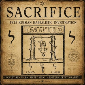 May include: A vintage-style print titled SACRIFICE 1925 RUSSIAN KABBALISTIC INVESTIGATION. It features a central illustration of a figure hanging upside down between two trees, surrounded by Hebrew letters, a Star of David, and occult symbols.
