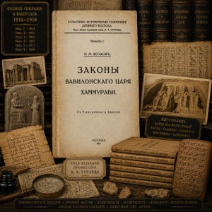 May include: A collection of historical documents and books featuring the title Zakony Vavilonskogo Tsarya Hammurabi, accompanied by a magnifying glass, ancient stone carvings, papyrus fragments, and a stack of six bound volumes in a dark setting.