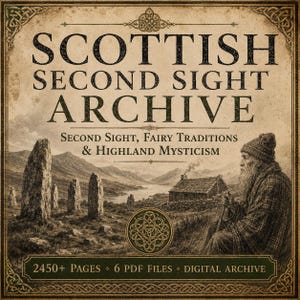 Puede incluir: Una portada de archivo digital titulada SCOTTISH SECOND SIGHT ARCHIVE, SECOND SIGHT, FAIRY TRADITIONS & HIGHLAND MYSTICISM. Incluye una ilustración de una persona barbuda con capa de cuadros, piedras erguidas, una cabaña y 2450+ PAGES 6 PDF FILES.