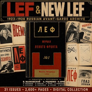 Puede incluir: Una colección digital del archivo de vanguardia rusa LEF & NEW LEF 1923-1928. La portada presenta un libro negro con detalles en rojo y texto en cirílico, rodeado de páginas abiertas que muestran fotografías históricas, diseños y tipografía.