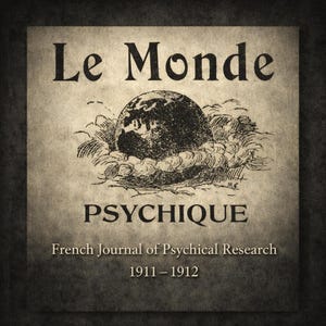 Può includere: Una stampa in stile vintage con le parole "Le Monde PSYCHIQUE" sopra e sotto un'illustrazione del globo. È presente anche il testo "French Journal of Psychical Research 1911-1912". Il design ha un tono seppia.