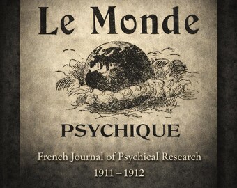 Puede incluir: Una impresión de estilo vintage con las palabras "Le Monde PSYCHIQUE" encima y debajo de una ilustración de un globo terráqueo. También está presente el texto "French Journal of Psychical Research 1911-1912". El diseño tiene un tono sepia.