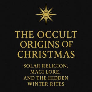 May include: A black background with gold text. The text reads "THE OCCULT ORIGINS OF CHRISTMAS". Below the title are the words "SOLAR RELIGION, MAGI LORE, AND THE HIDDEN WINTER RITES". A gold sunburst design is at the top.