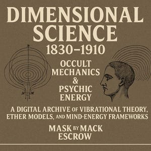 May include: A vintage-style poster with the title "DIMENSIONAL SCIENCE" and the years "1830-1910." The poster features illustrations of concentric circles, a man's profile, and text about occult mechanics and psychic energy. The text "MASK BY MACK ESCROW" is also present.