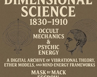 May include: A vintage-style poster with the title "DIMENSIONAL SCIENCE" and the years "1830-1910." The poster features illustrations of concentric circles, a man's profile, and text about occult mechanics and psychic energy. The text "MASK BY MACK ESCROW" is also present.