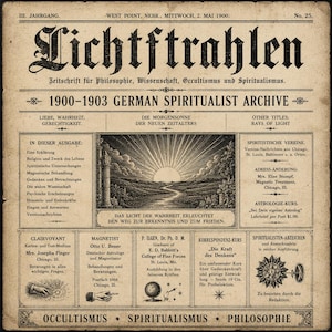 Puede incluir: Un periódico alemán antiguo, "Lichtstrahlen", de 1900, con artículos sobre filosofía, ocultismo y espiritualismo. El encabezado incluye el título, la fecha y el número. El diseño incluye varias secciones con texto e ilustraciones.