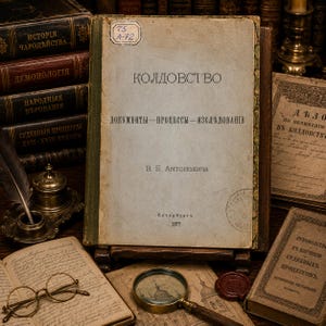 May include: An antique book titled Koldovstvo with a light beige cover, displayed on a wooden stand. The cover features black Cyrillic text, a small label reading T5 A-72, and a circular stamp. Nearby are old books, a quill, inkwell, and glasses.