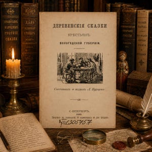 Pode incluir: Um livro antigo intitulado DEREVENSKIYA SKAZKI com uma ilustração a preto e branco de três pessoas numa mesa. A capa apresenta texto em russo, o ano 1895 e um número escrito à mão na parte inferior. O livro tem papel cor de creme envelhecido.