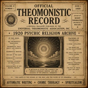 May include: Vintage "Official Theomonistic Record" magazine cover from June 1, 1920. The sepia-toned cover features the Universal Theomonistic Association logo, text, and illustrations related to psychic religion, cosmic theology, and spiritualism.