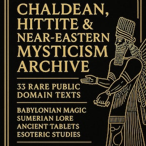 Puede incluir: Gráfico negro y dorado con el texto "CHALDEAN, HITTITE & NEAR-EASTERN MYSTICISM ARCHIVE". La imagen incluye una ilustración de una figura con barba larga y tocado. El texto adicional incluye "33 RARE PUBLIC DOMAIN TEXTS."