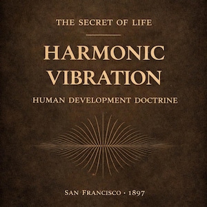Peut inclure: Une couverture de livre vintage avec le titre "HARMONIC VIBRATION" en grandes lettres dorées. Le texte "THE SECRET OF LIFE" et "HUMAN DEVELOPMENT DOCTRINE" sont également présents. Un graphique stylisé de couleur or est en bas, avec le texte "SAN FRANCISCO • 1897". Le fond est marron foncé.