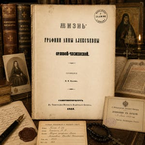 May include: An antique 1853 Russian book titled Zhizn Grafini Anny Alekseyevny Orlovoy-Chesmenskoy with a cream-colored cover, featuring a Bodleian Library stamp, surrounded by historical documents, a fountain pen, a wax seal, and a rosary.