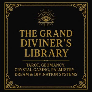 May include: A square, black graphic with gold ornate borders and text. The text reads "THE GRAND DIVINER'S LIBRARY" above a list of topics: "TAROT, GEOMANCY, CRYSTAL GAZING, PALMISTRY DREAM & DIVINATION SYSTEMS."