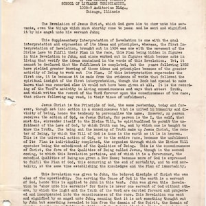 Puede incluir: Un documento mecanografiado antiguo titulado Interpretation of Revelation: Supplementary por Ida Mingle, School of Liveable Christianity, Chicago, Illinois. El texto analiza conceptos teol&oacute;gicos sobre la Revelaci&oacute;n de Jesucristo y Juan.