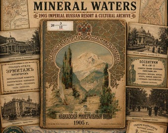 Puede incluir: Un collage de estilo vintage con una portada de libro central titulada CAUCASIAN MINERAL WATERS 1905 IMPERIAL RUSSIAN RESORT & CULTURAL ARCHIVE. El diseño incluye mapas en tono sepia, fotografías arquitectónicas y texto en ruso.