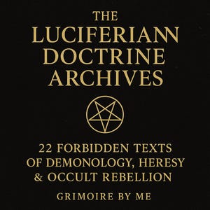 May include: A black background with gold lettering. The text reads "THE LUCIFERIAN DOCTRINE ARCHIVES." A gold pentagram is below the title. The text below the pentagram reads "22 FORBIDDEN TEXTS OF DEMONOLOGY, HERESY & OCCULT REBELLION." The text "GRIMOIRE BY ME" is at the bottom.