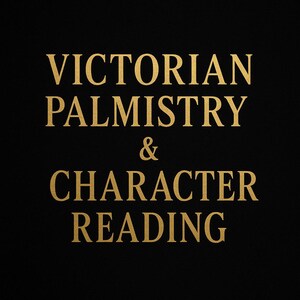 May include: Black background with gold text that reads "VICTORIAN PALMISTRY & CHARACTER READING". The text is in a serif font, and the overall design has a vintage aesthetic.