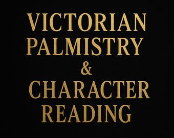 May include: A black background with gold text. The text reads "VICTORIAN PALMISTRY & CHARACTER READING". The font is a serif style, and the design has a vintage feel.
