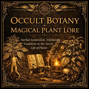 May include: A detailed illustration with the text "OCCULT BOTANY & MAGICAL PLANT LORE". The image features a central open book, a skull, and various botanical elements, all rendered in shades of gold and brown against a dark background.