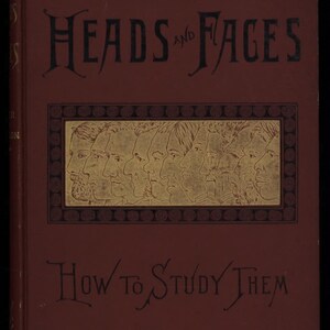 May include: A vintage book cover with the title "Heads and Faces" and the subtitle "How to Study Them" in ornate black lettering. The cover is a deep red with a gold-toned illustration of several profile portraits.