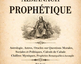 May include: Vintage-style book cover with the title "ALMANACH PROPHÉTIQUE" in large, bold letters. The cover features an illustration of a seated figure with a halo. Additional text details astrological and mystical topics.