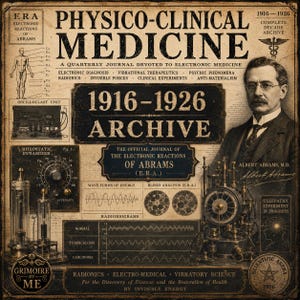 May include: Aged print with the title "Physico-Clinical Medicine" and the years 1916-1926. The image features scientific diagrams, illustrations of medical equipment, and a portrait of Albert Abrams, M.D. The design has a vintage, historical feel.