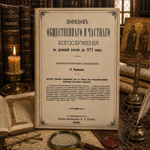 以下が含まれることがあります： キリル文字のタイトル「Poryadok Obshchestvennago i Chastnago Bogosluzheniya」が記されたベージュ色の表紙の古い本。黒い文字が印刷されており、火のついたキャンドル、虫眼鏡、眼鏡、金属製の十字架と一緒に配置されている。