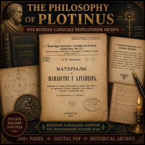 May include: A digital archive collection titled The Philosophy of Plotinus, featuring a 1918 Russian-language book on Altai shamanism, antique texts, a diagram of Neoplatonism, a bronze-toned coin, a fountain pen, and a lit candle on a brass stand.
