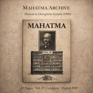 Puede incluir: Una portada de libro vintage del Archivo Mahatma, con el título "MAHATMA" en negrita. La portada incluye un retrato y una ilustración de estantería. El texto dice "Illusion & Deception System (1900)" y "VOL. IV".