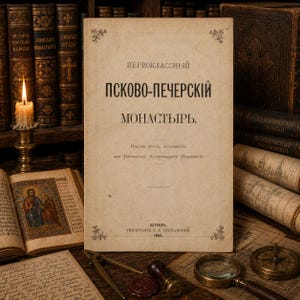 May include: A vintage book with a beige cover featuring black Cyrillic text that reads Pskovo-Pecherskiy Monastyr, surrounded by antique books, a lit candle in a brass holder, a magnifying glass, a compass, and a wax seal stamp.