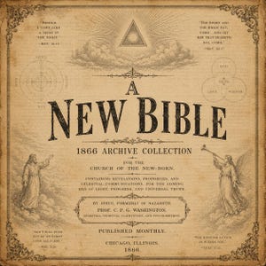 Puede incluir: Portada de libro de estilo vintage, "A New Bible", de la colección de archivos de 1866. El diseño presenta bordes ornamentados, imágenes celestiales y texto con citas y detalles de publicación. La portada es en tonos sepia.