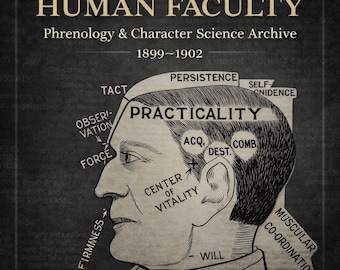 May include: A vintage print titled "HUMAN FACULTY" with the subtitle "Phrenology & Character Science Archive 1899-1902." The image shows a detailed illustration of a human head with labeled areas such as "Practicality" and "Center of Vitality." The print includes text indicating 47 issues and 950+ pages.