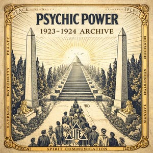 Op de afbeelding: Vintage illustratie met de tekst "Psychic Power 1923-1924 Archive." De afbeelding toont een pad dat leidt naar een piramide, geflankeerd door obelisken en figuren. Het kunstwerk heeft een gedetailleerde, verouderde uitstraling met diverse symbolen en tekst.