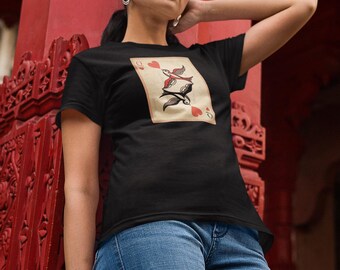 Queen of Hearts T-Shirt, Vintage Playing Card Graphic Tee, Artistic Bird Design, Unisex Poker Shirt, Gift for Card Lovers