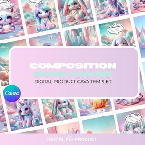 Puede incluir: Una plantilla de producto digital para portadas de cuadernos de composición. El diseño presenta ilustraciones en tonos pastel de animales lindos como unicornios y conejos, sobre un fondo de nubes y cristales. El logotipo de Canva es visible.