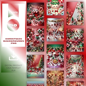 May include: A digital product showcasing a variety of Christmas backgrounds. The images display festive decorations such as baubles, presents, candy canes, and Christmas trees, set against a red and green background. The text "Christmas Backgrounds PNG" is visible.