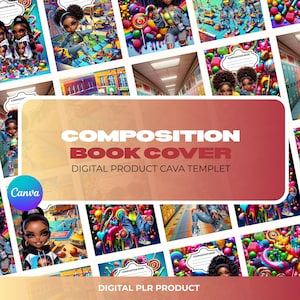 Puede incluir: Un collage de portadas de cuadernos de composición con ilustraciones coloridas de personajes de dibujos animados, caramelos y escenas escolares. Las portadas presentan el texto "COMPOSITION BOOK COVER" y "DIGITAL PRODUCT CAVA TEMPLET". Un logotipo de Canva es visible.