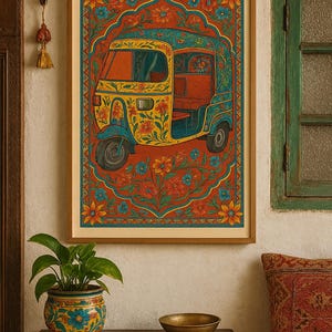Rickshaw Art Print Floral South Asian Wall Decor Pakistani Indian Auto ...