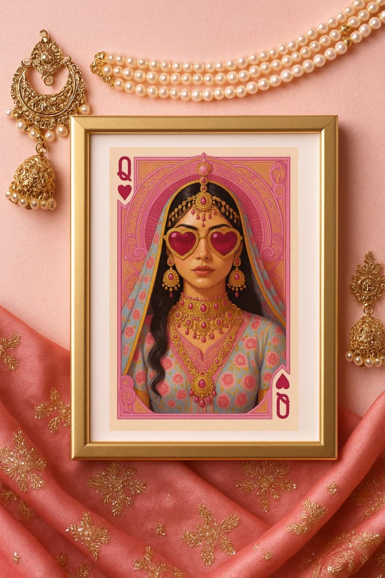 May include: A framed art print featuring a stylized illustration of a woman in traditional Indian attire, wearing heart-shaped sunglasses. The print is set against a pink backdrop, with gold jewelry and a pearl necklace.