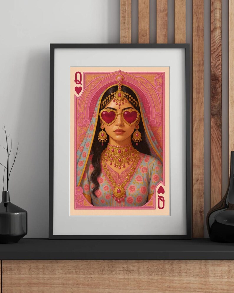 May include: Framed art print featuring a stylized illustration of a woman as the Queen of Hearts playing card. She wears heart-shaped sunglasses, ornate gold jewelry, and a traditional head covering. The color palette includes pink, gold, and blue.