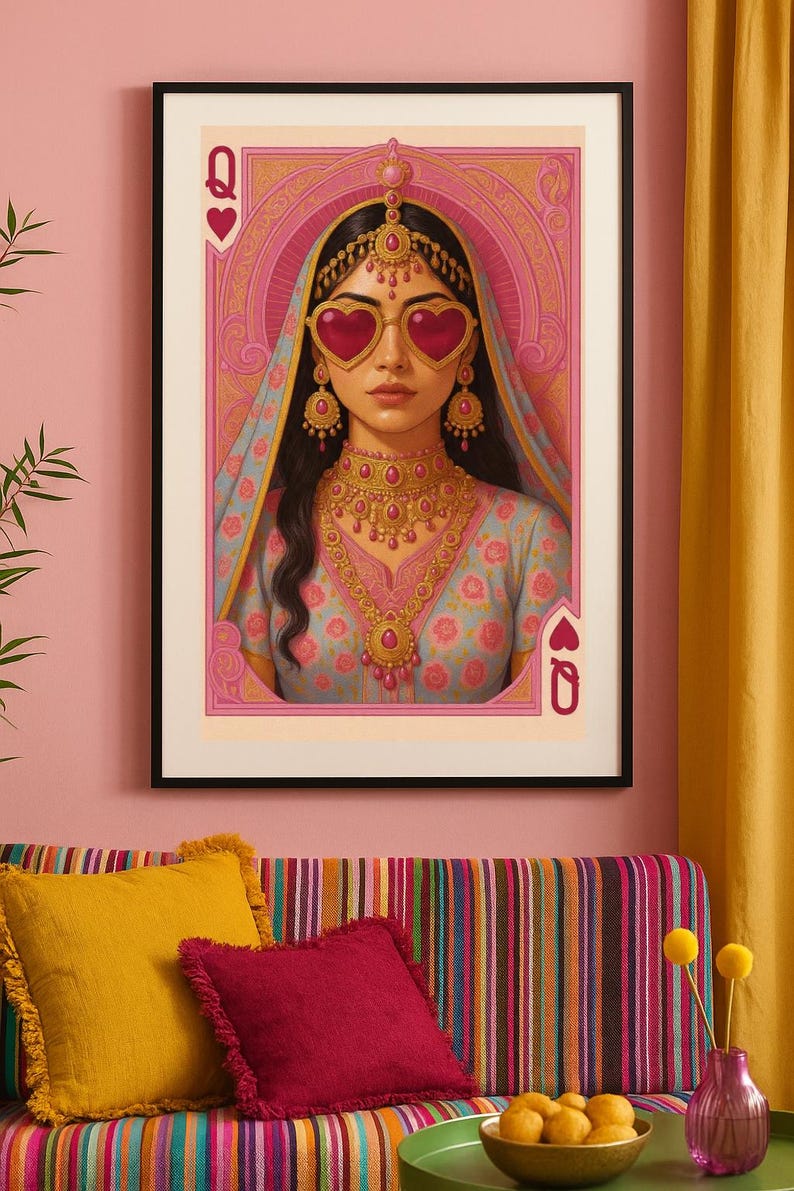 May include: A framed art print featuring a woman in traditional Indian attire, wearing heart-shaped sunglasses. The artwork is set against a pink and gold background, with the Queen of Hearts card suit symbols in the corners. The woman is adorned with gold jewelry.