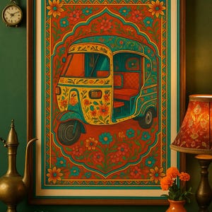 Puede incluir: Impresión artística enmarcada que presenta un colorido auto rickshaw decorado con motivos florales. La obra de arte se encuentra sobre un fondo floral rojo y turquesa, enmarcada en marrón. La impresión se exhibe en una pared verde, con un reloj y una lámpara vintage.