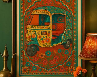 Rickshaw Art Print Floral South Asian Wall Decor Pakistani Indian Auto Illustration Poster Print